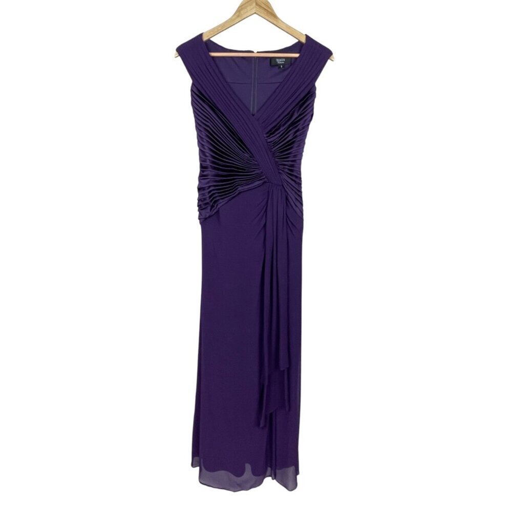 TADASHI COLLECTION PURPLE SILK CHIFFON V-NECK PLEATED GOWN - Picture 2 of 10